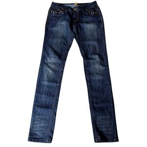 Rocawear Hannah Skinny Leg Jeans Embellished Pockets Dark Wash Denim Size 11 Y2K